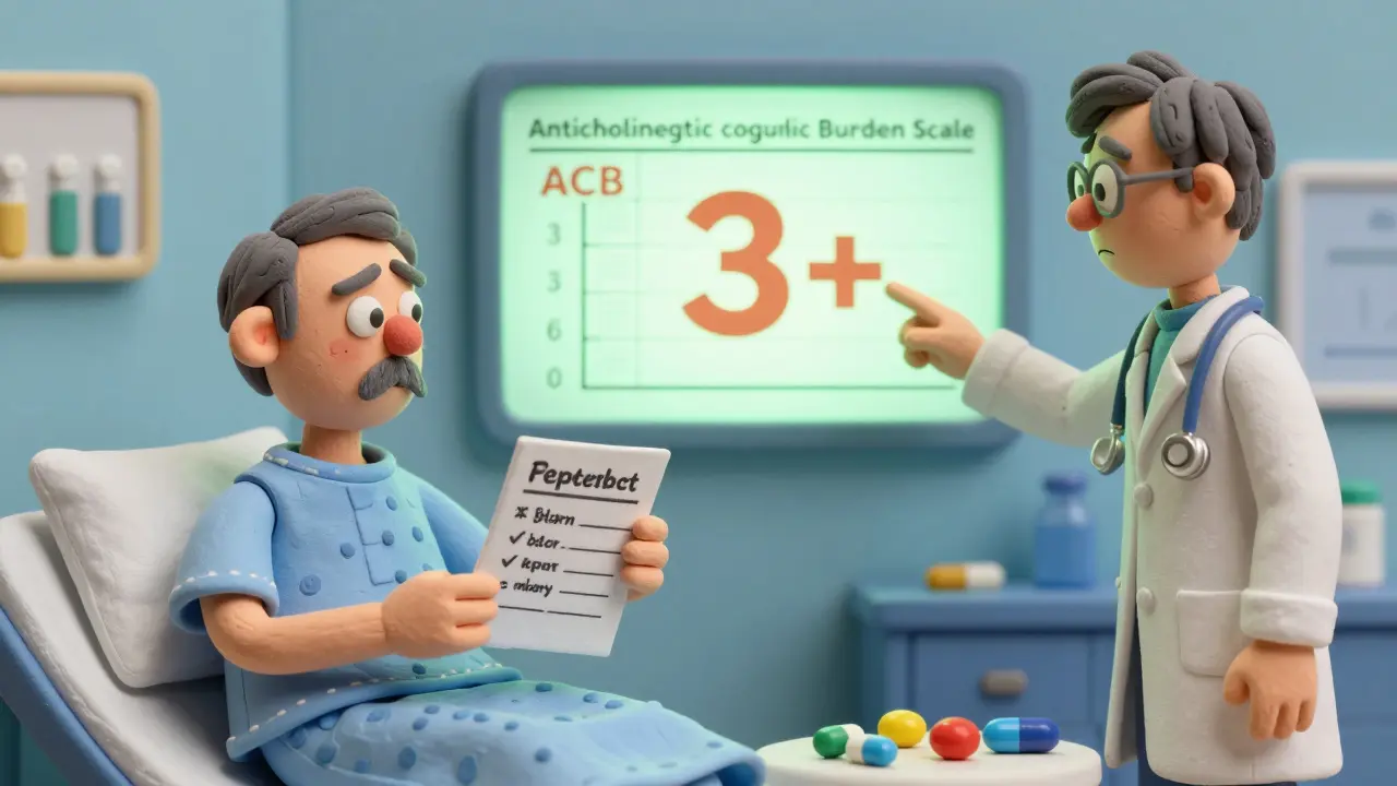 Family member and doctor reviewing medication list with a high anticholinergic burden score displayed.