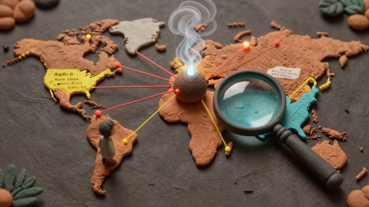 Global map with glowing data threads connecting to VigiAccess database, showing international side effect reports.