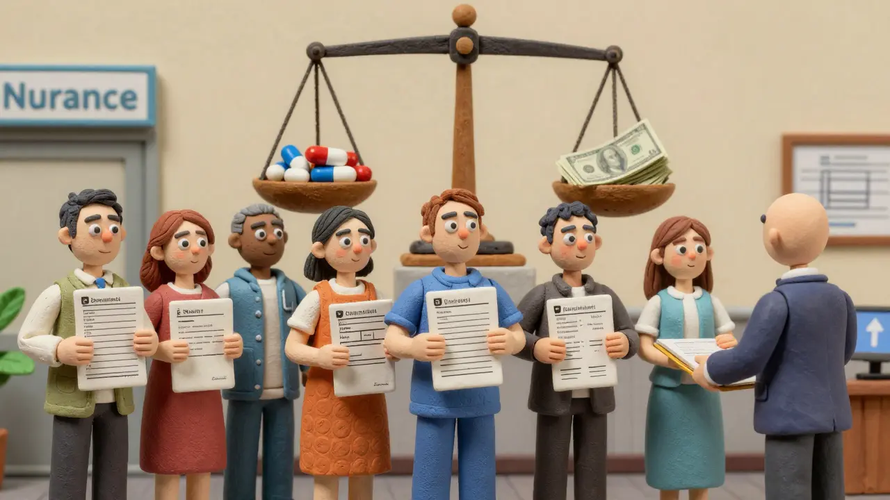 Group of patients presenting medical evidence to an insurance clerk as a scale balances pills and money