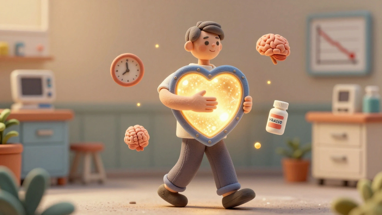 Heart shield protecting a person in morning light with icons of brain, clock, and pill bottle.