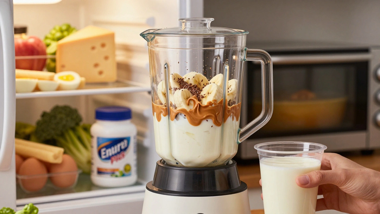 Homemade protein shake being blended with yogurt, banana, and peanut butter, with cheese and eggs nearby.