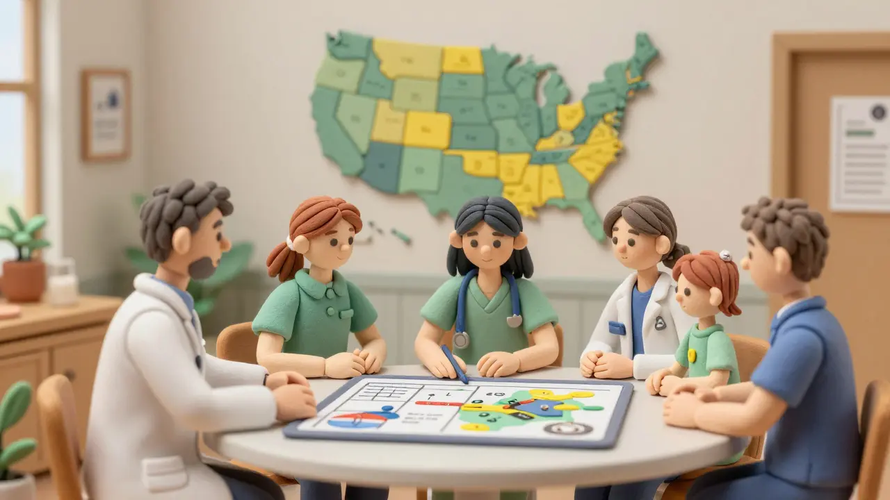 Multidisciplinary care team reviewing a care plan at a Huntington’s disease center.