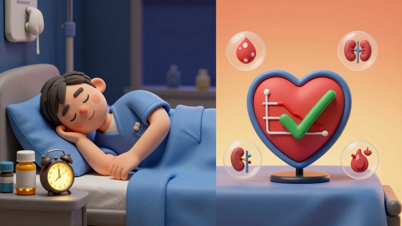 Night shift worker taking pill at 3 PM with heart and health icons, symbolizing circadian rhythm adaptation.