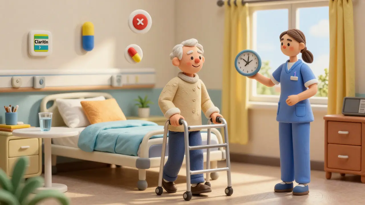 Older adult walking with help in a bright hospital room, safe alternatives replacing risky drugs.