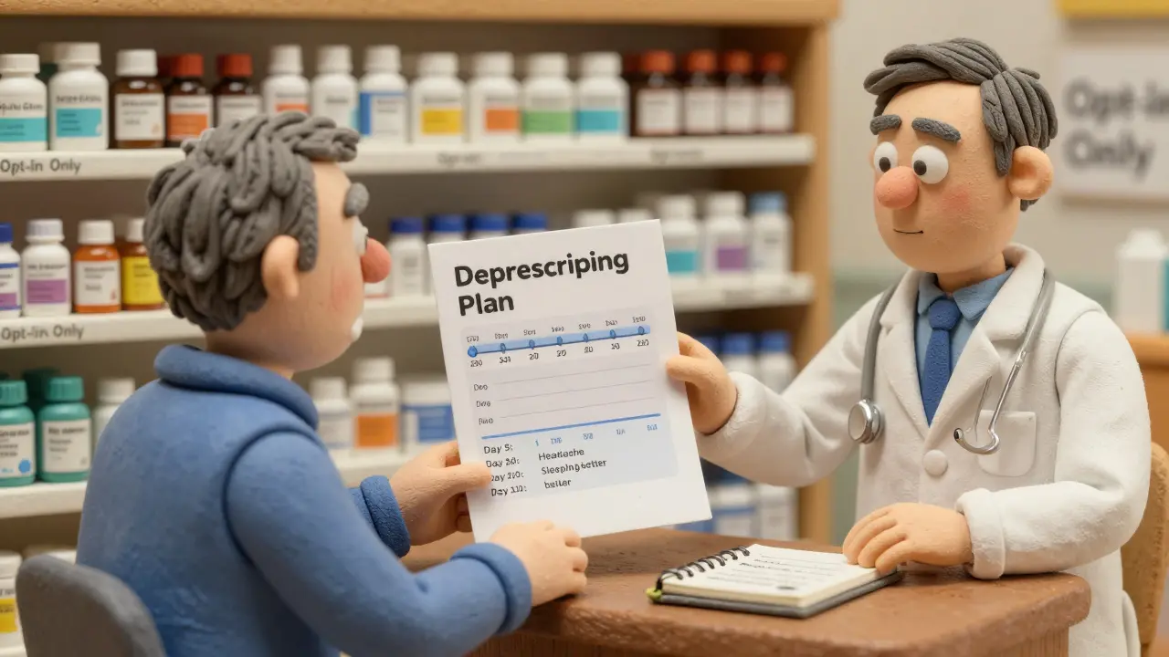 Older man receiving a deprescribing plan at a pharmacy with a visual timeline and symptom log.