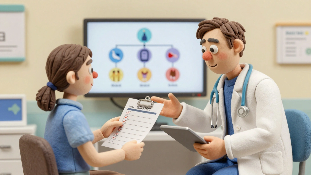 Patient and doctor discussing health checklist in clinic, family medical history on screen.