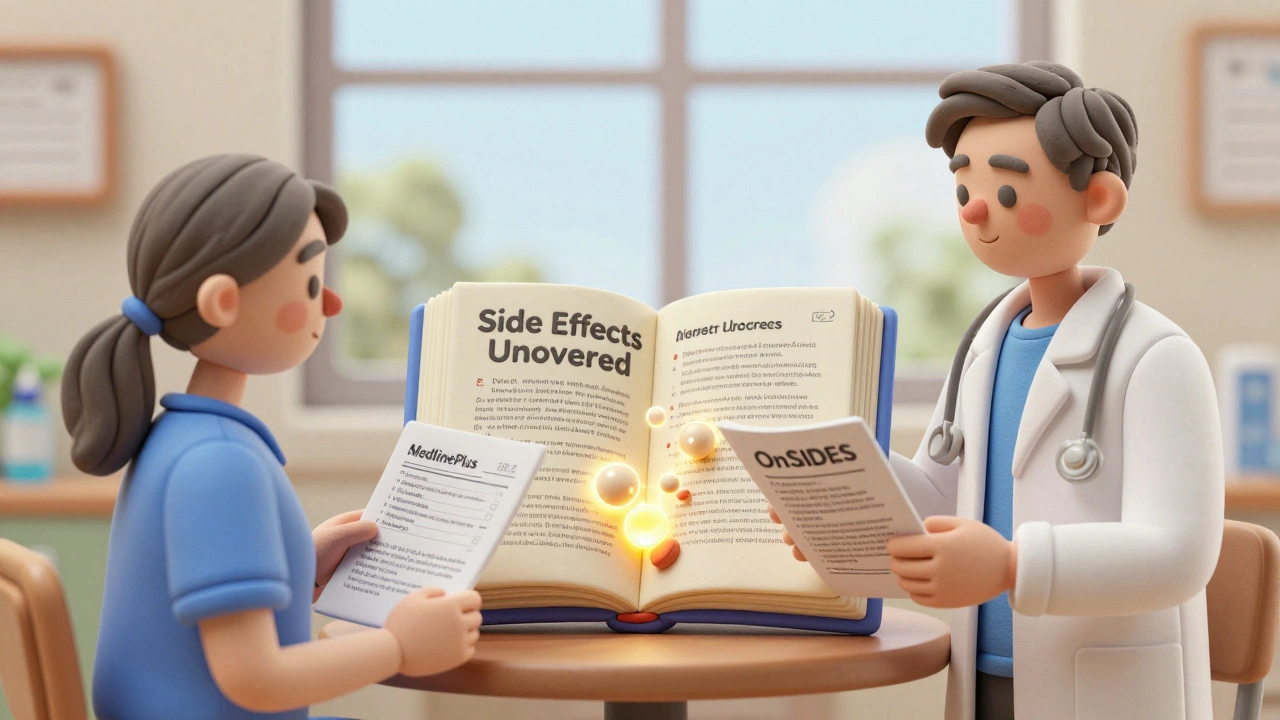 Patient and pharmacist studying side effect information from printed MedlinePlus and OnSIDES pages.