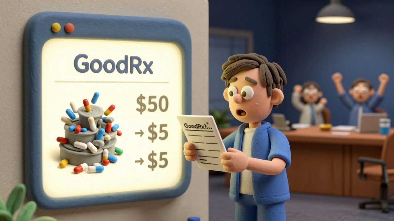 Patient holding prescription, facing a GoodRx screen showing savings, with split scene of competition vs monopoly.