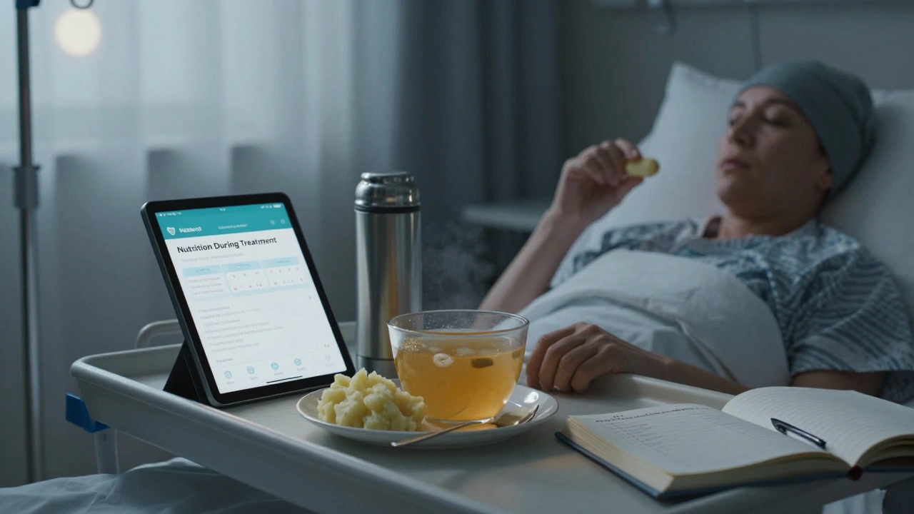 Patient in bed with broth and mashed potatoes, holding a ginger chew, tablet showing nutrition app.