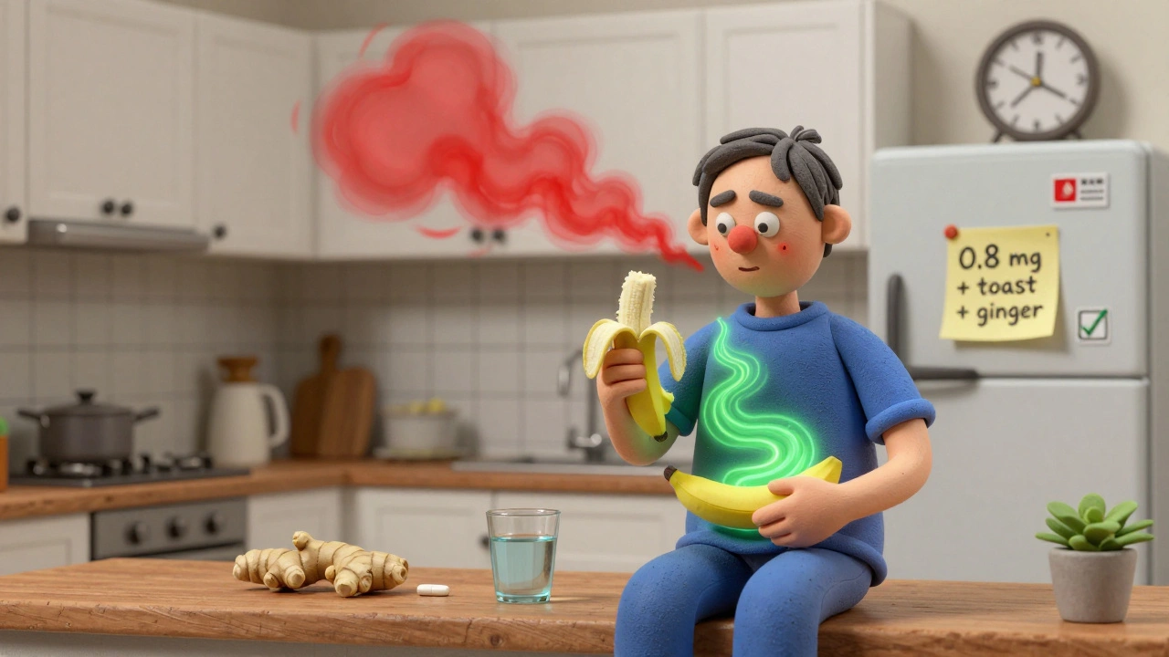 Patient taking bromocriptine with banana and ginger, nausea cloud fading, clock showing correct timing.