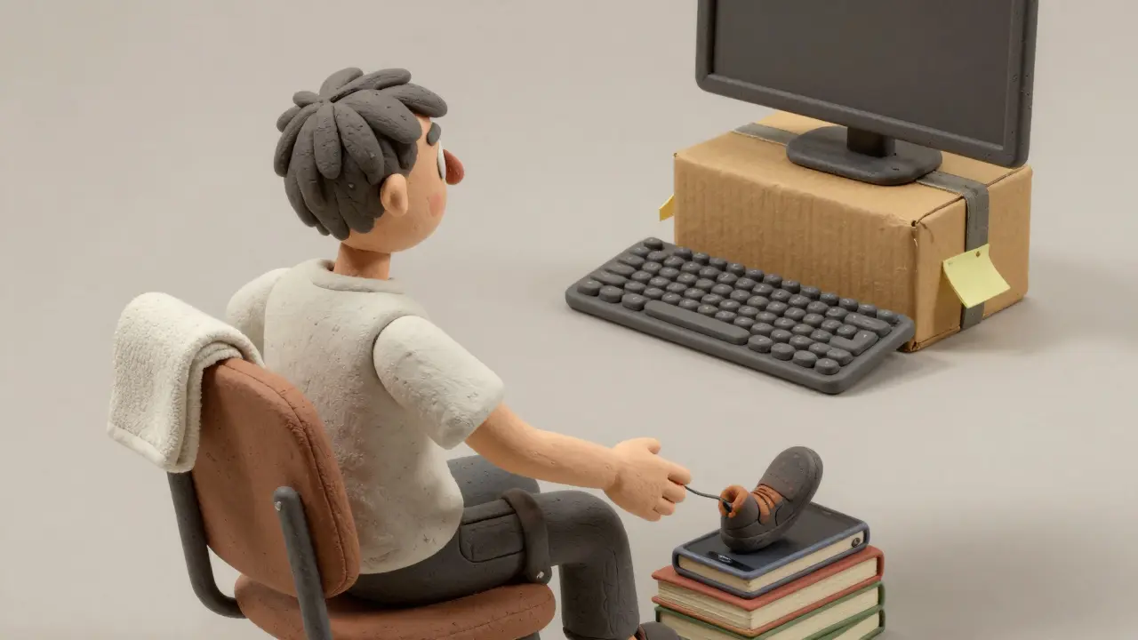 Person adjusting chair with towel for lumbar support, feet on books, clay rendering style.