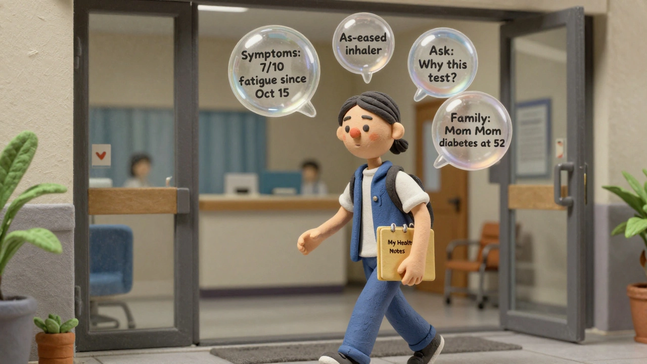 Person entering clinic with health notes, floating bubbles showing key symptoms and questions.