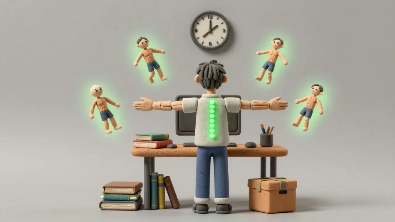 Person standing at makeshift desk, muscles glowing with relief, clay illustration showing proper posture.