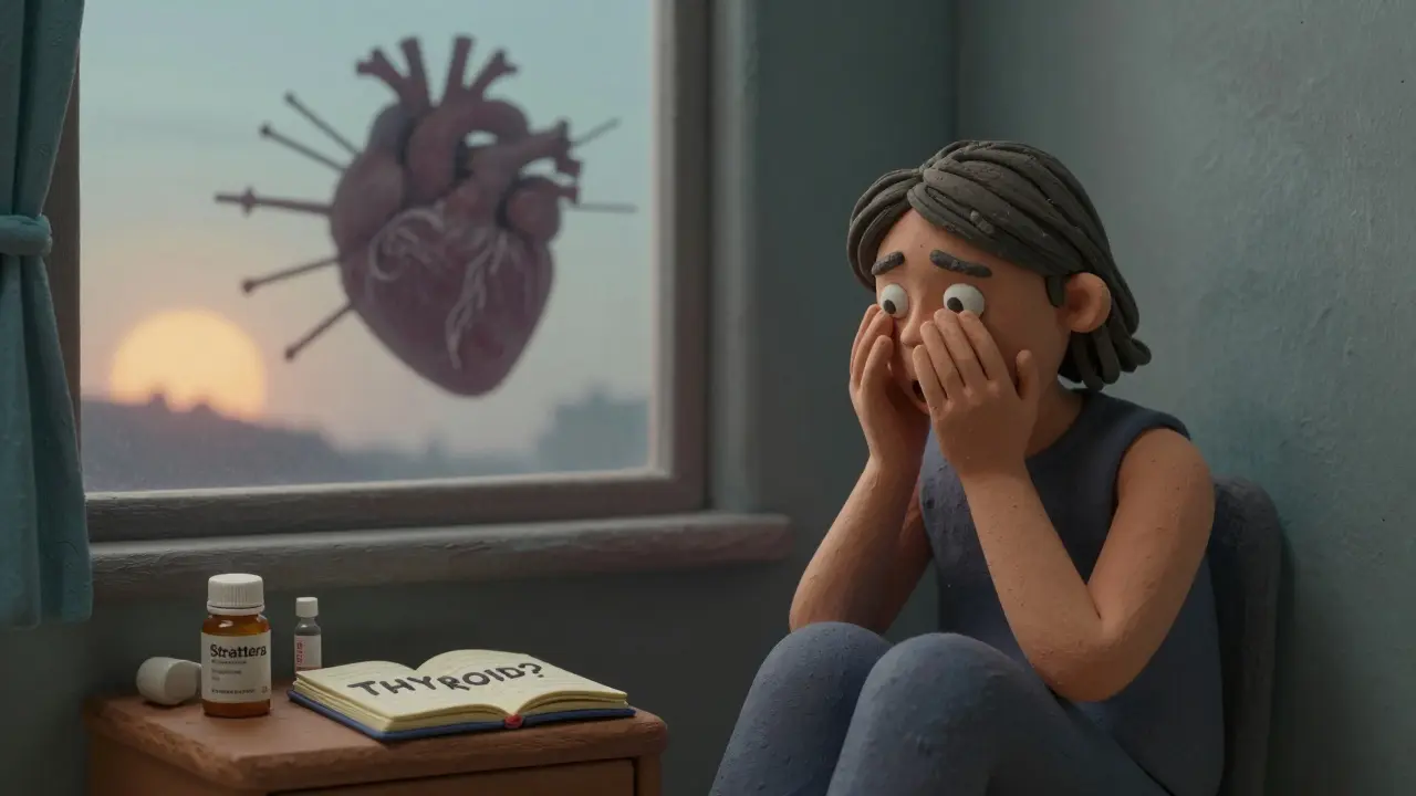 Person trembling in dim room, shadow shows racing heart, Strattera and thyroid test on nightstand, sunrise outside.