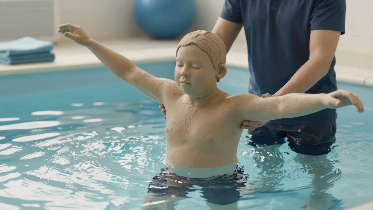 Person with Huntington’s dancing in a therapy pool, supported by a therapist in water.