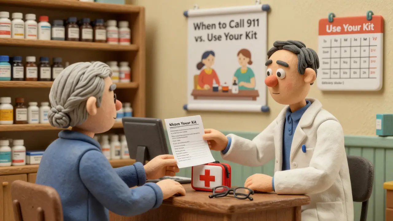 Pharmacist giving emergency kit and medication list to elderly patient in cozy pharmacy.