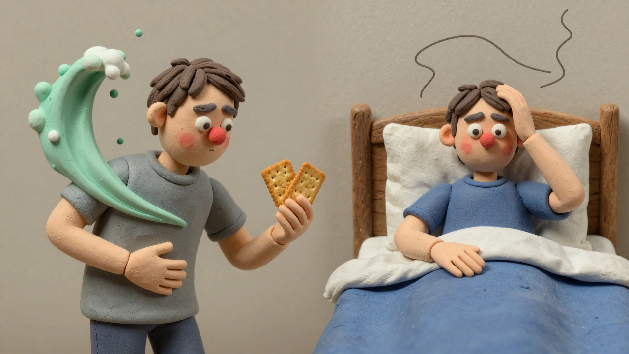 Split illustration showing nausea with crackers and dizziness with slow sitting up in bed.