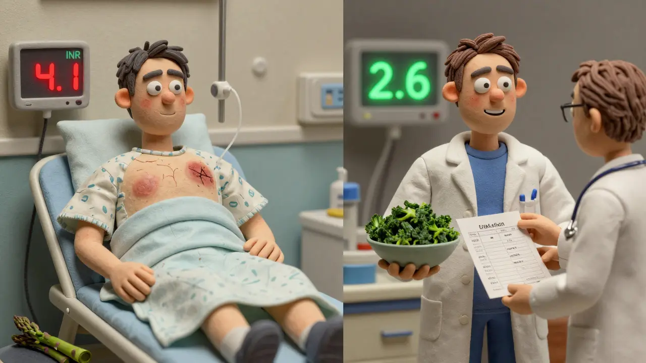 Split scene of a man with dangerous INR on one side and stable INR with consistent diet on the other.