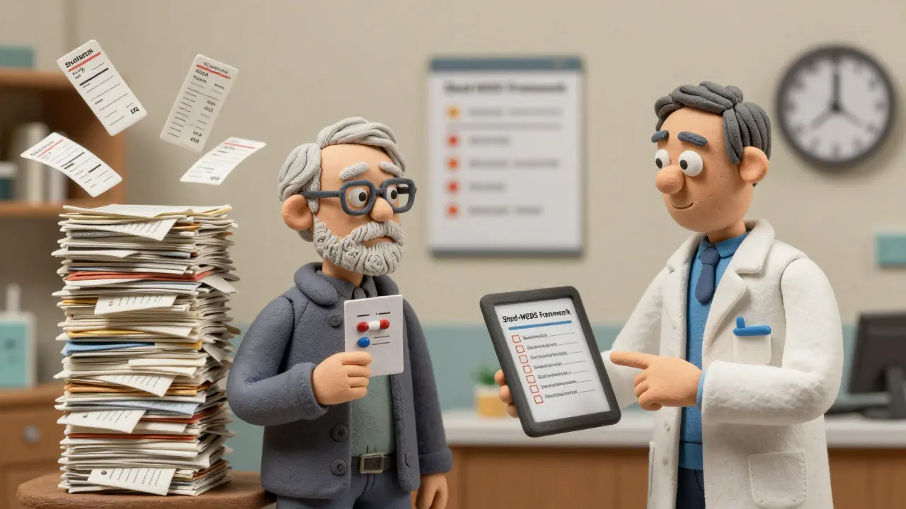 Two elderly men in a clinic, one overwhelmed by pills, the other calm with few meds and a tapering checklist.