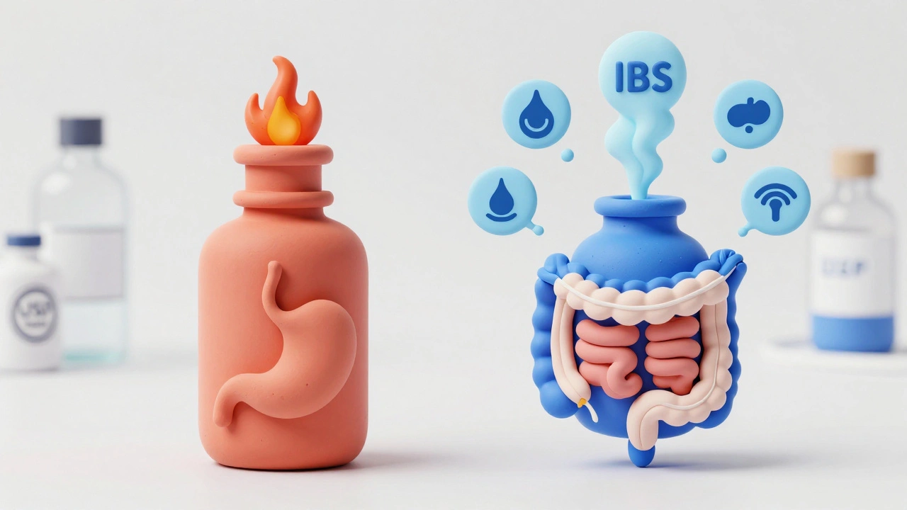 Two peppermint oil bottles side by side: one causing heartburn, the other releasing calming mist into the intestines.