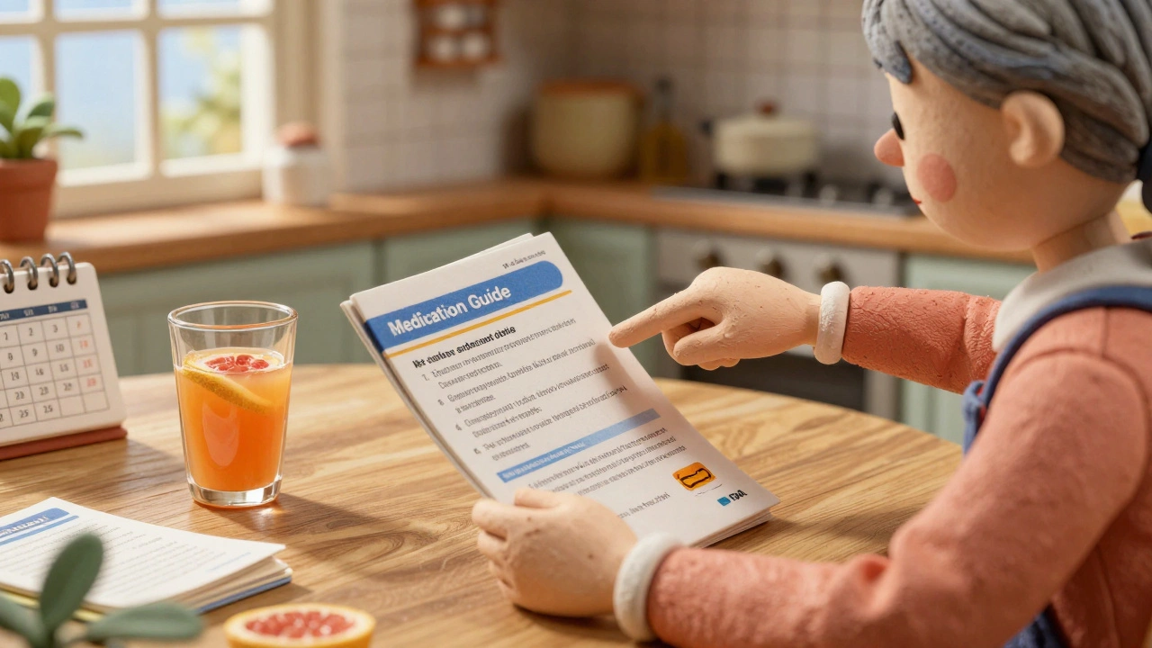 Woman reading a Medication Guide at home, pausing before drinking grapefruit juice.