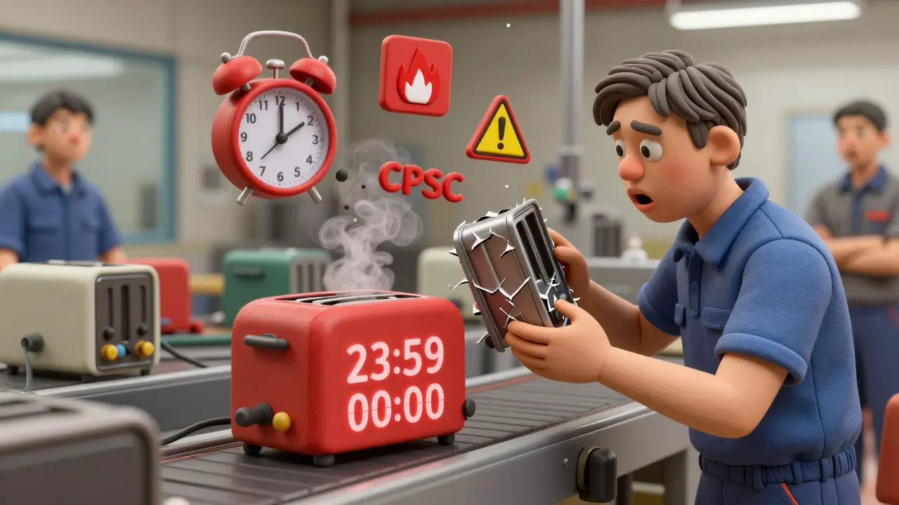 Worker holding a cracked toaster as a 24-hour deadline clock counts down in a factory.