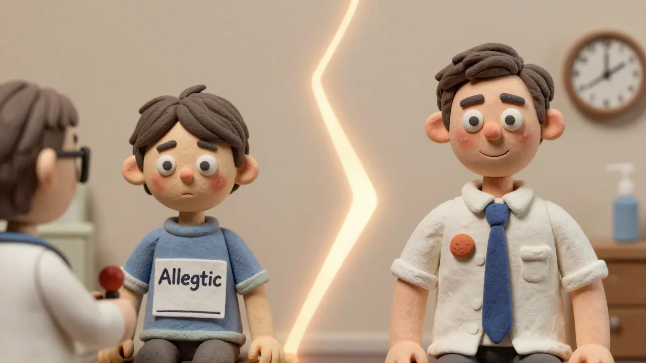 A child labeled allergic to penicillin grows into an adult safely undergoing allergy testing.