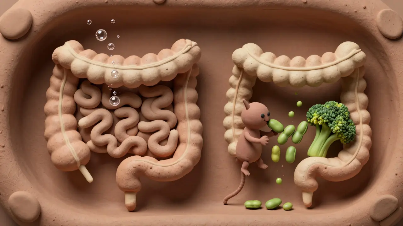 A clay gut tunnel showing simethicone bubbles popping and enzymes digesting food on opposite sides.