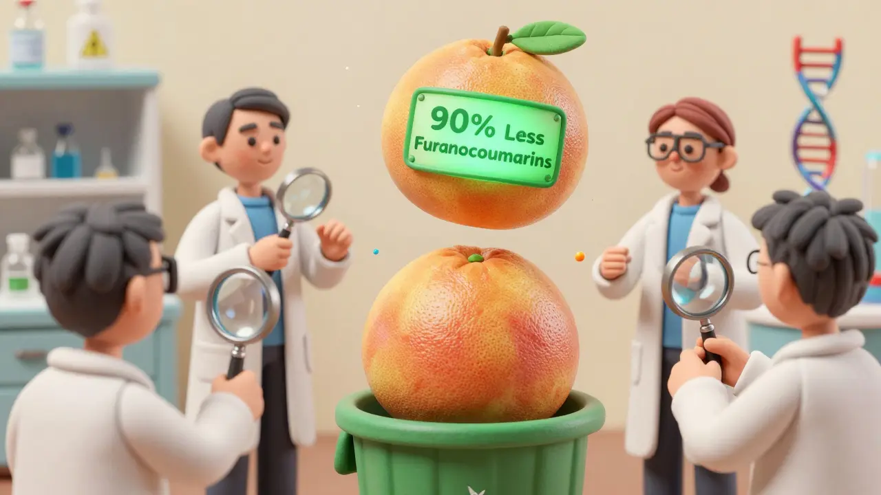 A genetically modified grapefruit next to a discarded regular one, with scientists observing.