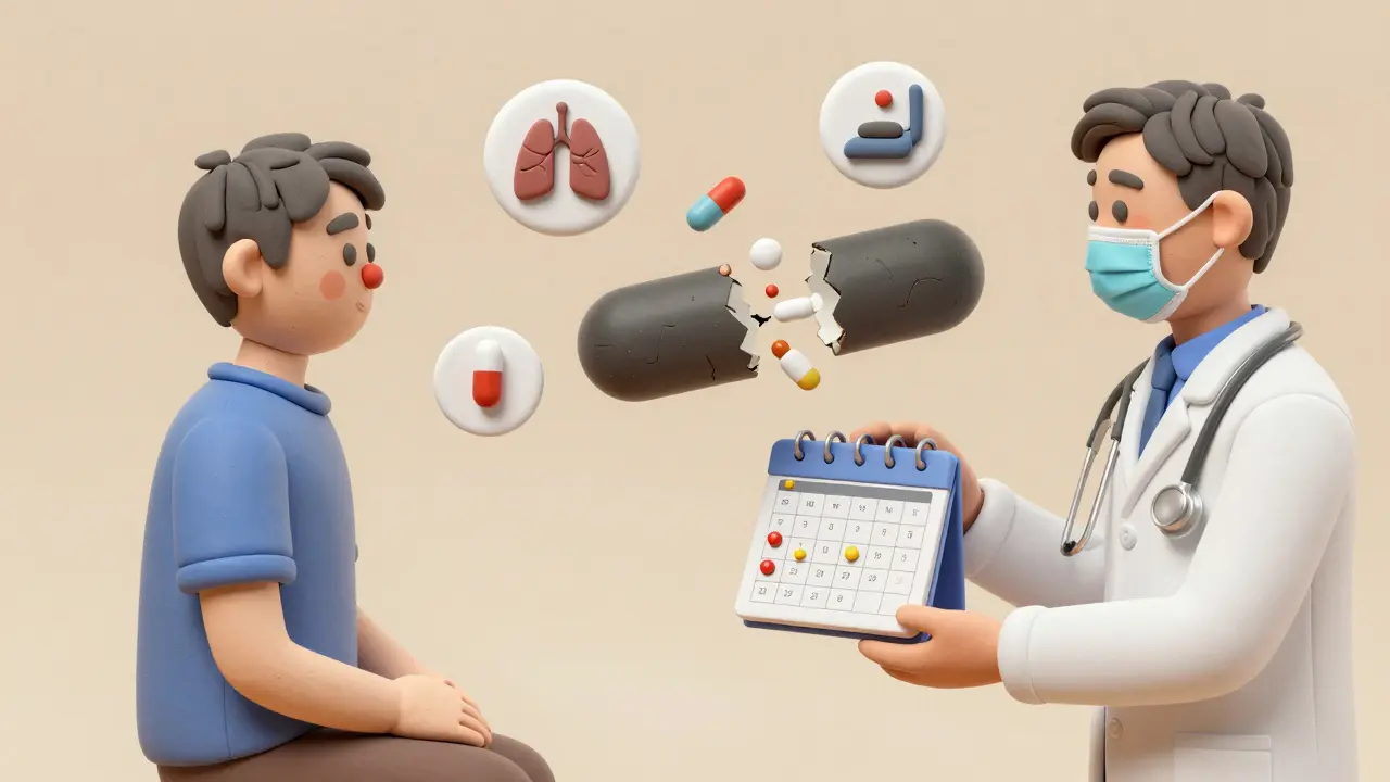 A patient and doctor together during steroid tapering, with symbols of improved health emerging.