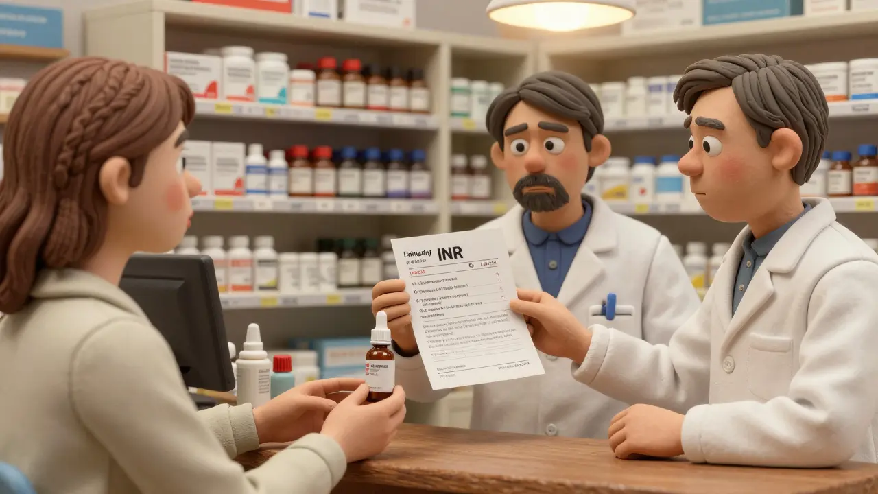 A patient and pharmacist at a pharmacy counter, one handing over CBD oil while the other holds a high INR blood test result.