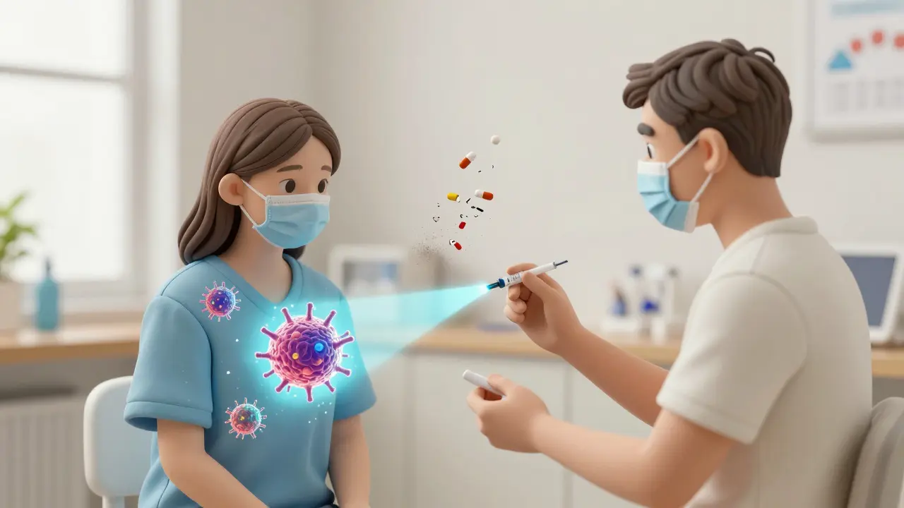 A patient receiving a biologic injection as immune cells are targeted and steroid pills crumble away.
