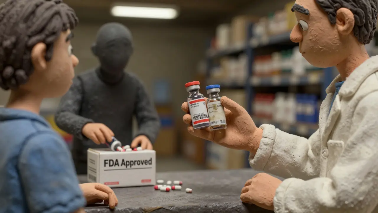 A pharmacist handing two different insulin vials to a patient, one with a fake barcode.