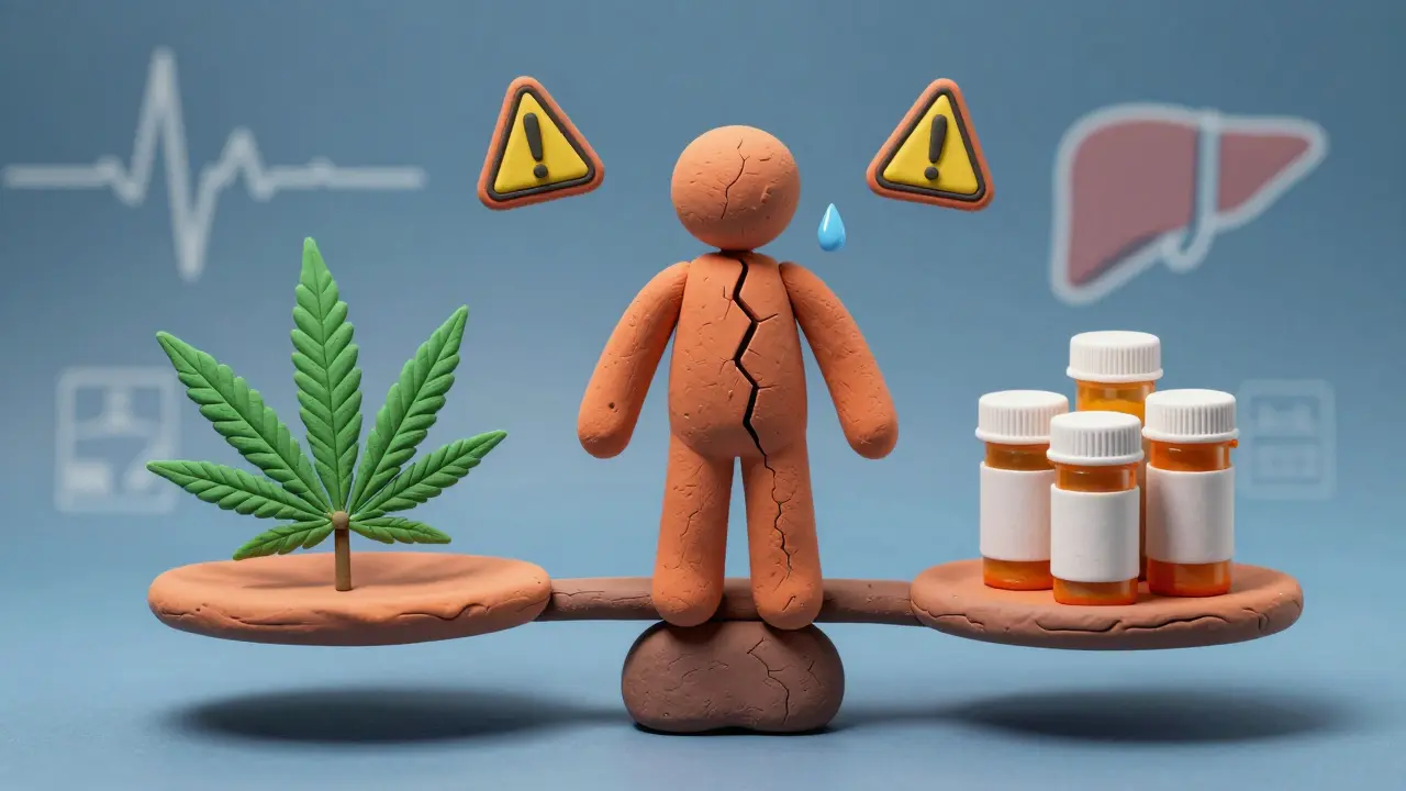 A scale balancing cannabis and prescription bottles, with a cracked human figure caught in the middle, surrounded by medical warning symbols.