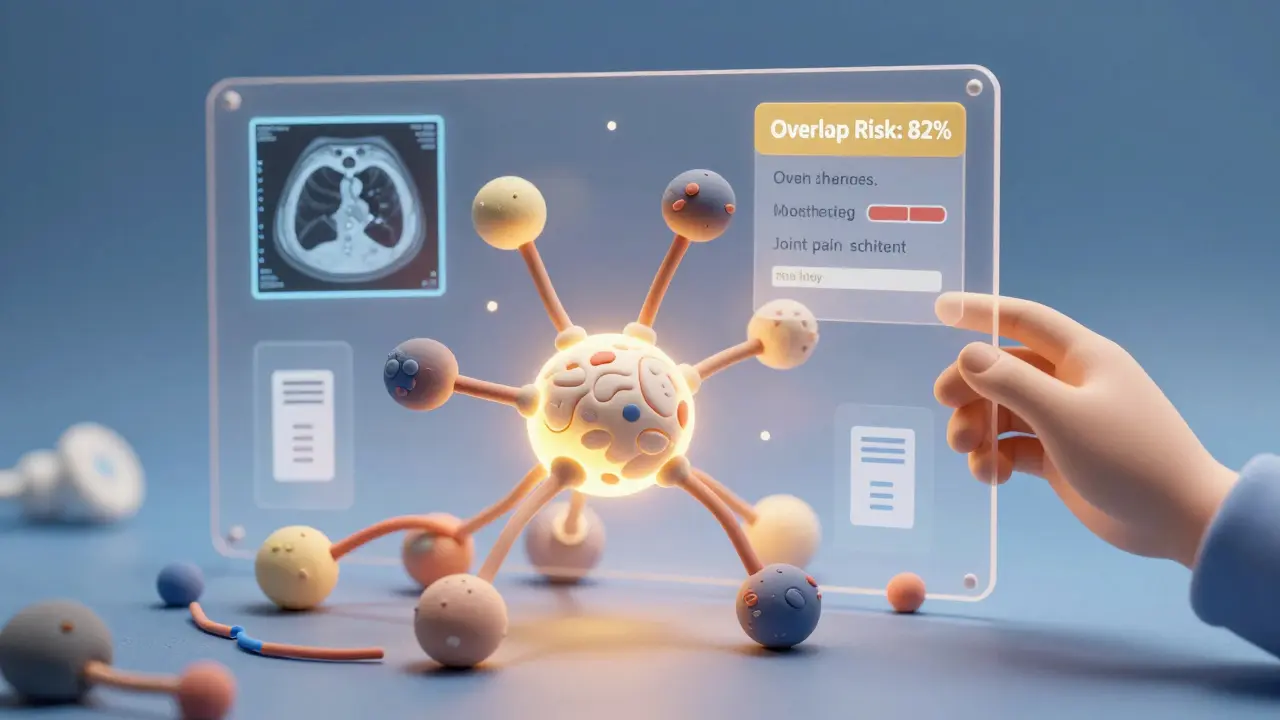 AI neural network analyzing patient data to predict autoimmune overlap syndrome with glowing indicators.