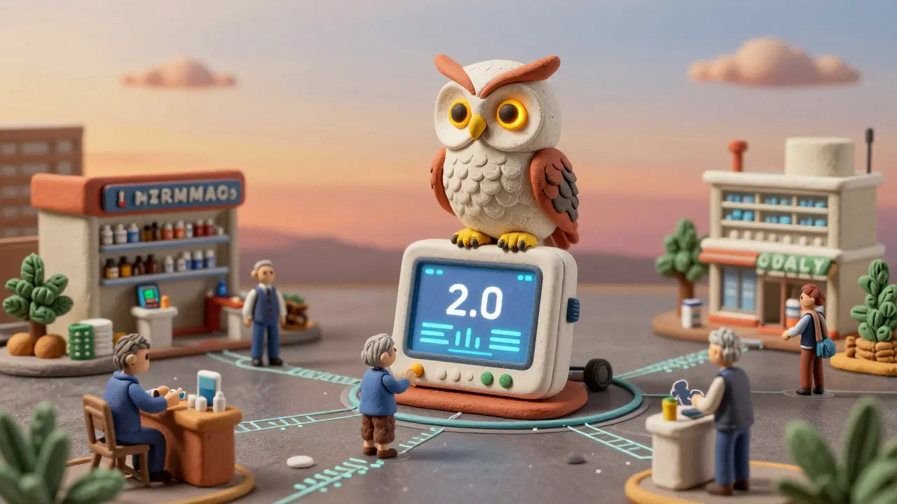 AI Watchdog owl guardian monitoring pharmacy network, detecting drug diversion, seniors picking up meds with data trails below.