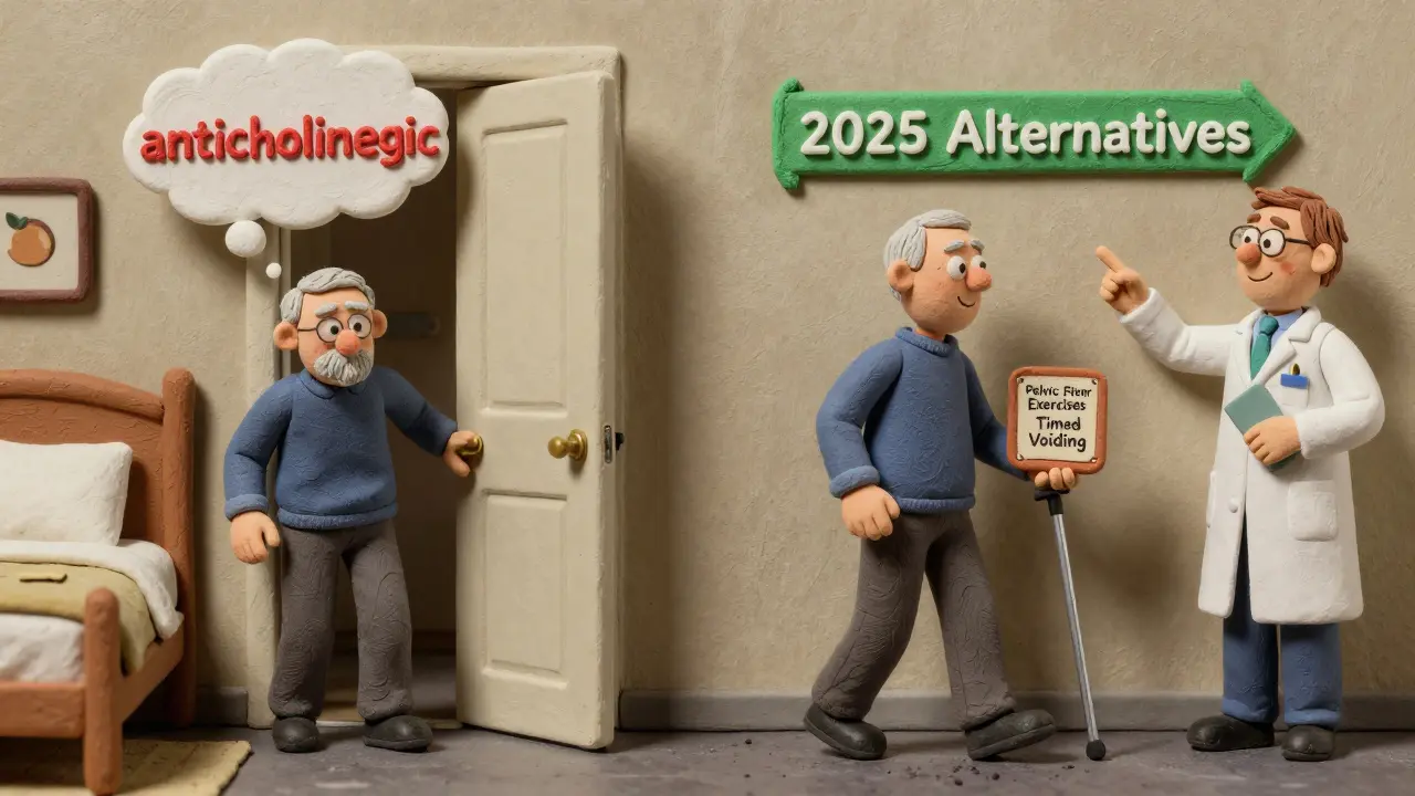 An elderly man before and after safer medication choices, shown with warning signs and alternative therapies in clay style.