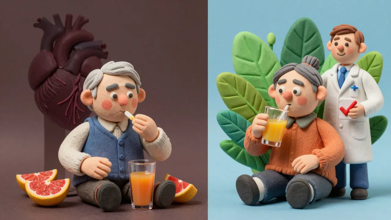 An elderly person choosing safe orange juice over grapefruit juice with their pills.