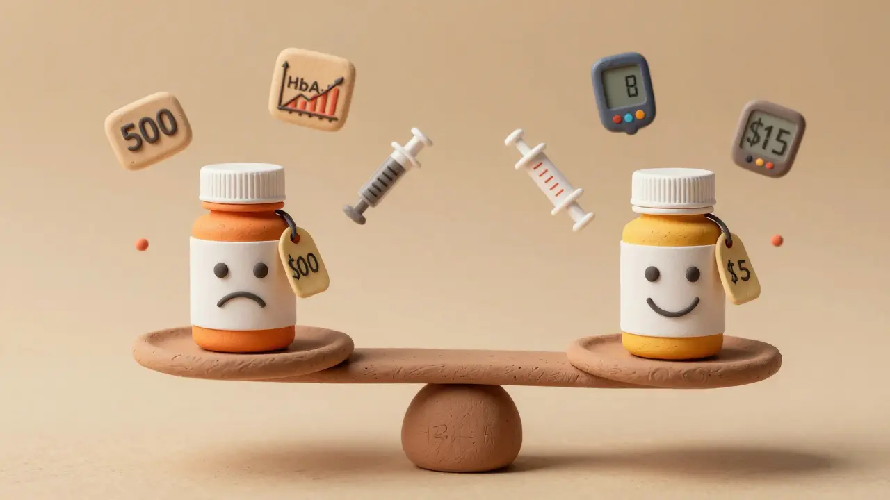 Balanced scale comparing brand-name and generic diabetes pills with price tags and health icons.