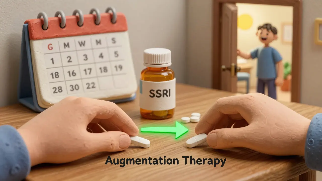 Clay-style depiction of low-dose clomipramine being added to an SSRI, with a calendar marking weeks and a door to brighter days.