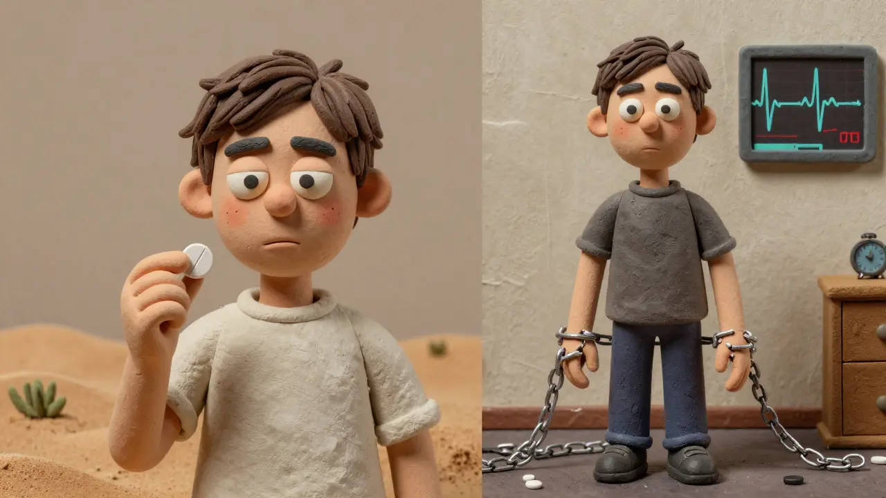 Clay-style split image of a teen experiencing side effects of clomipramine on one side, and freedom from rituals on the other.