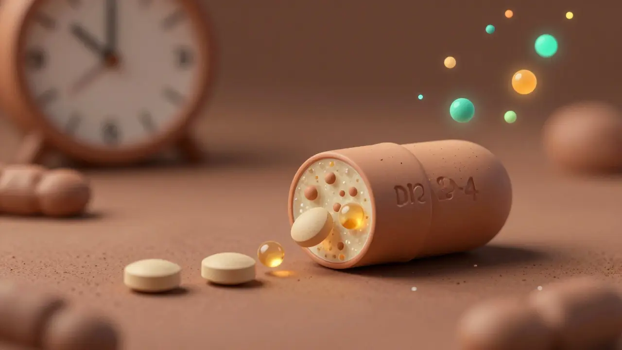 Cross-section of an extended-release pill showing slow-release pellets and gel matrix in the intestines.