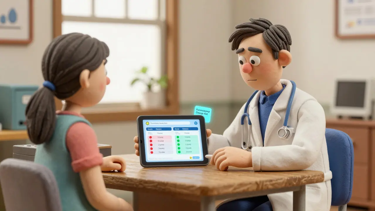 Doctor and patient reviewing formulary comparison on a tablet, highlighting different drug tiers from two insurance plans.