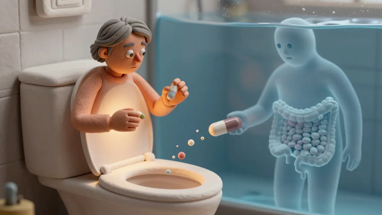 Elderly person sees intact pill in toilet while medicine releases inside gut, with environmental polymer fragments in water.