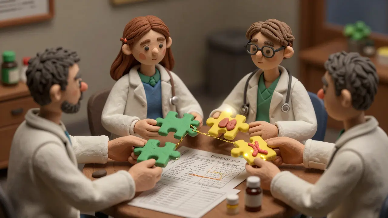 Fragmented medical specialists trying to connect organ puzzle pieces with a care coordinator guiding them.