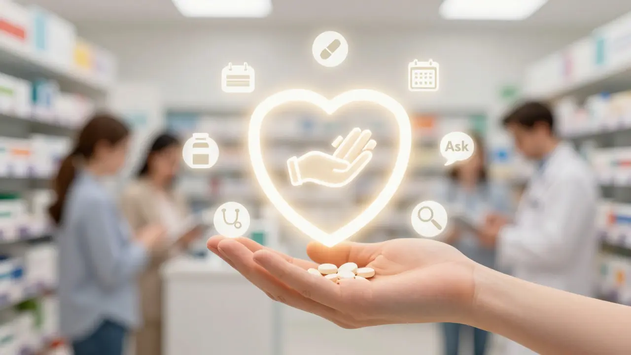 Hand placing a pill bottle inside a heart-shaped safety shield with seven verification icons.