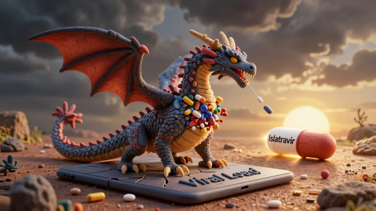 HIV virus mutating into a dragon as safe drugs shine, with crumbling tablets and rising sun.