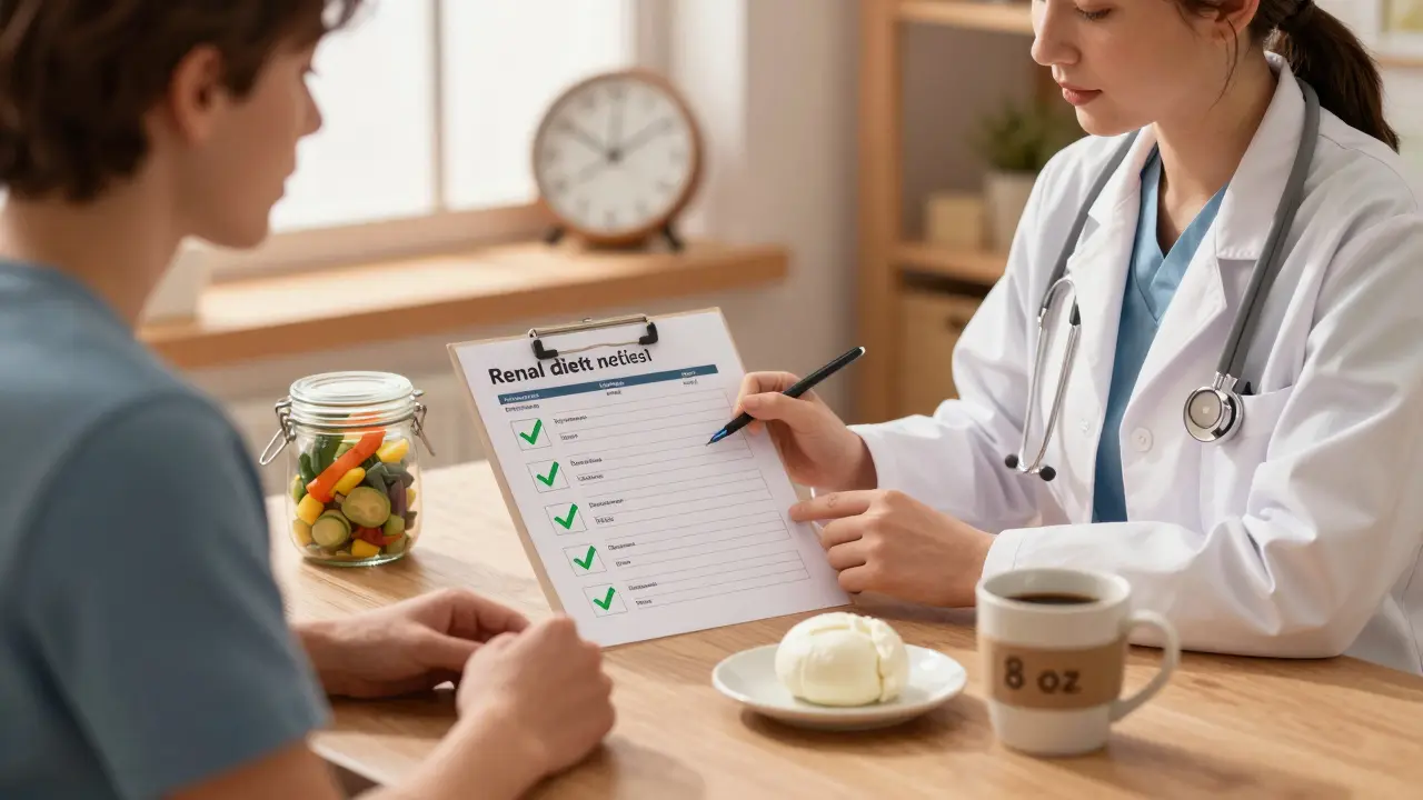 Patient and dietitian reviewing a personalized renal meal plan with healthy foods and blood test results.