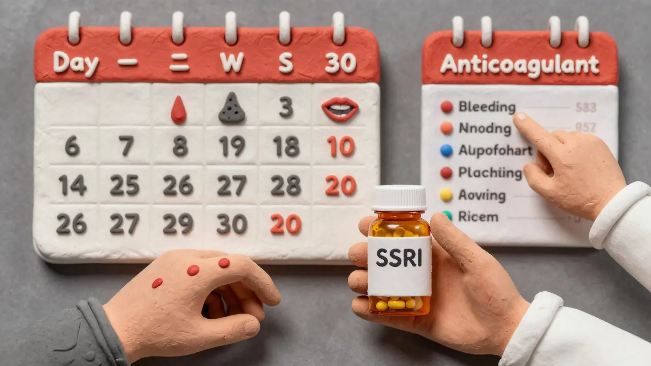 Patient holding SSRIs and anticoagulants, with bleeding signs fading after 30 days as new platelets form.