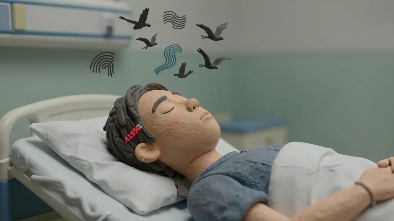 Patient in hospital bed surrounded by abstract symbols of dizziness and a glowing genetic mutation on their temple.